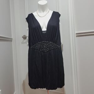 KAELY N-MAX ll- Chic Black Sleeveless Empire Bubble Top with Beaded Waist- 1X